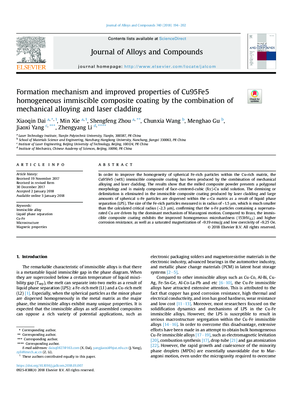 Formation mechanism and improved properties of Cu95Fe5 homogeneous immiscible composite coating by the combination of mechanical alloying and laser cladding