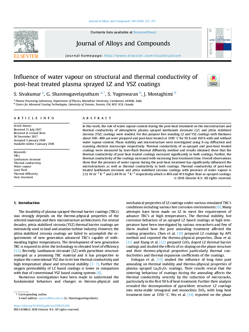 Influence of water vapour on structural and thermal conductivity of post-heat treated plasma sprayed LZ and YSZ coatings