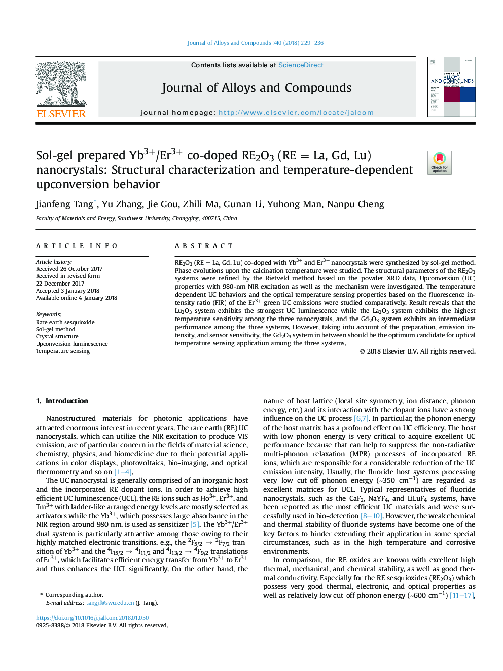 Sol-gel prepared Yb3+/Er3+ co-doped RE2O3 (REÂ =Â La, Gd, Lu) nanocrystals: Structural characterization and temperature-dependent upconversion behavior