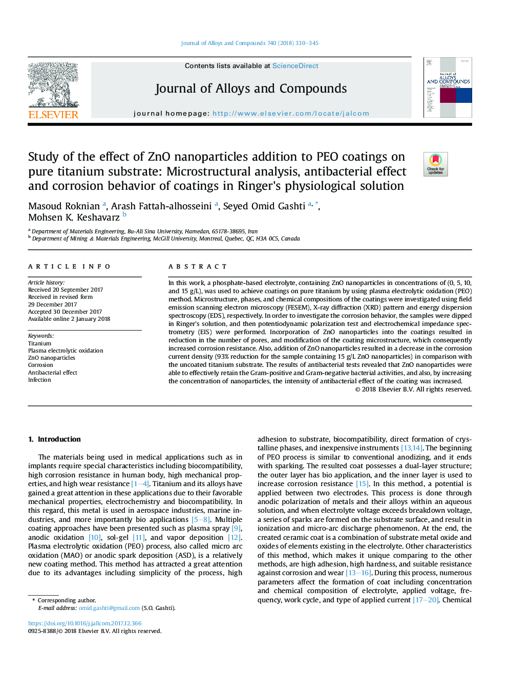 Study of the effect of ZnO nanoparticles addition to PEO coatings on pure titanium substrate: Microstructural analysis, antibacterial effect and corrosion behavior of coatings in Ringer's physiological solution