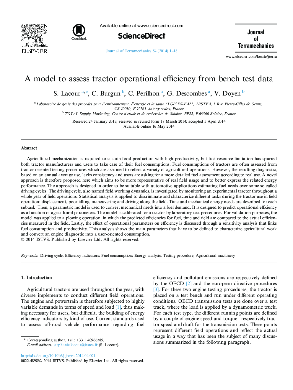 A model to assess tractor operational efficiency from bench test data