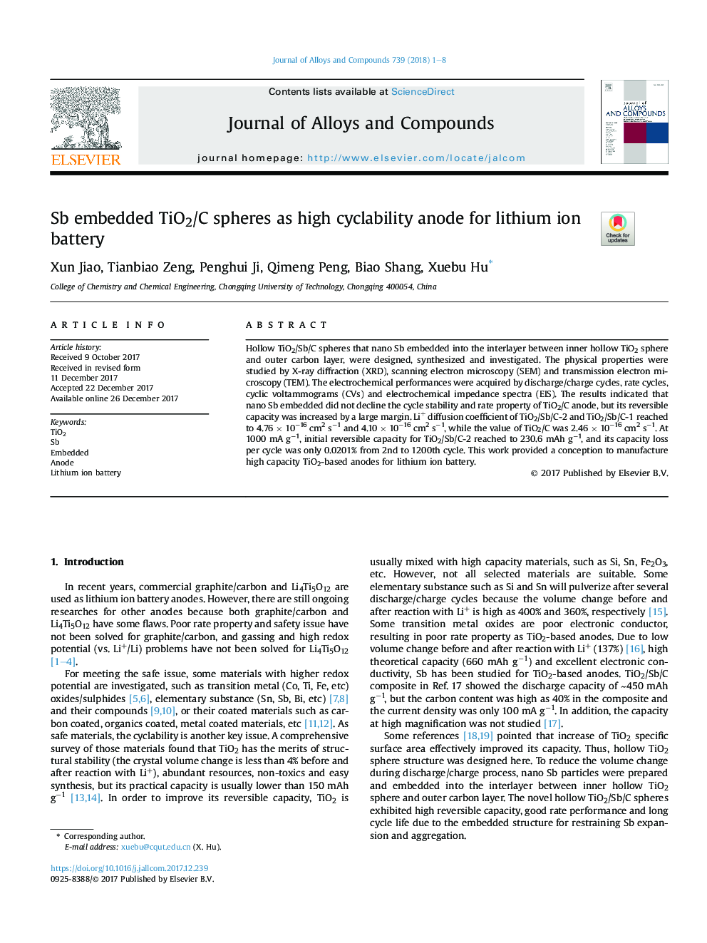 Sb embedded TiO2/C spheres as high cyclability anode for lithium ion battery