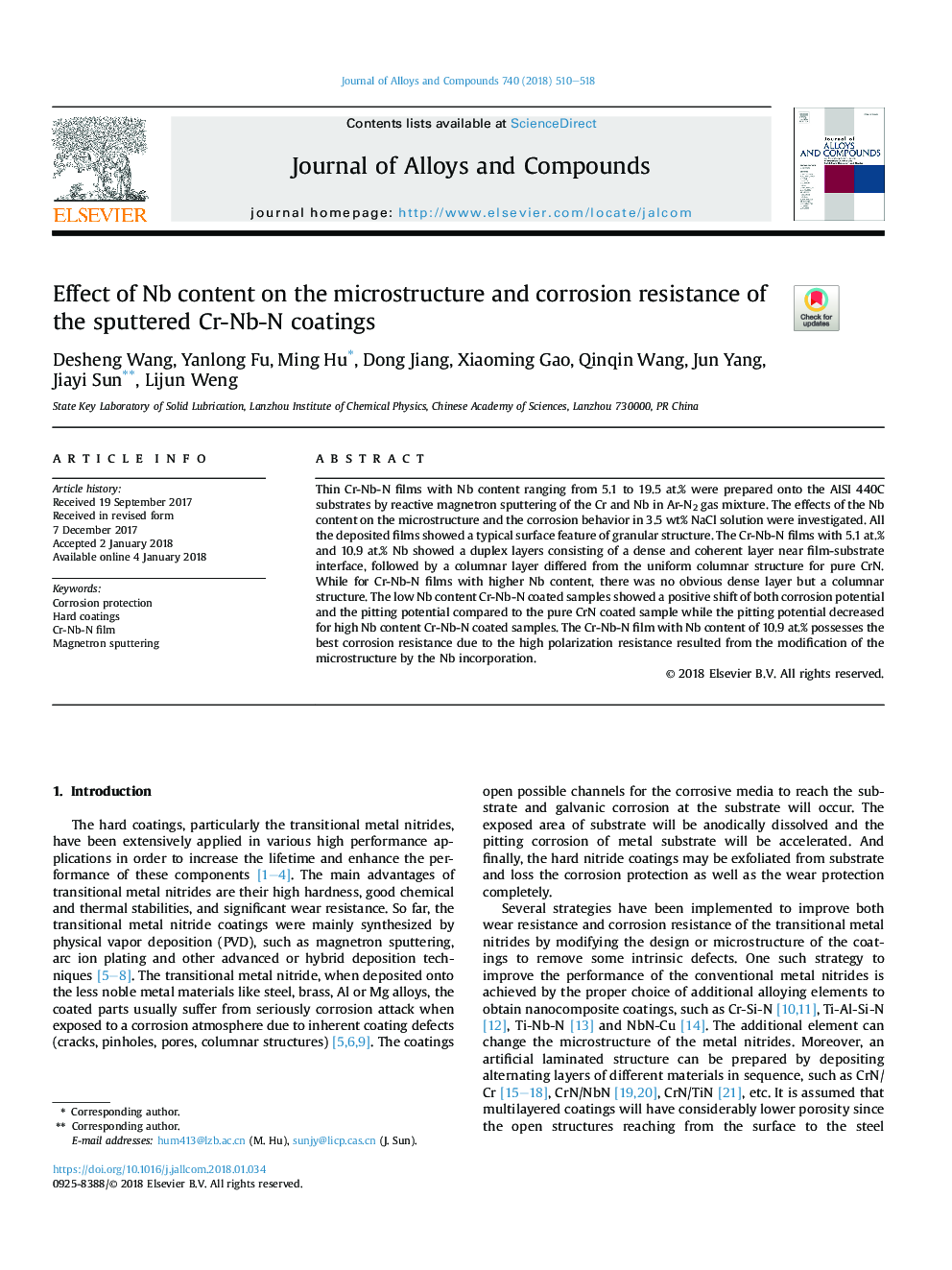 Effect of Nb content on the microstructure and corrosion resistance of the sputtered Cr-Nb-N coatings