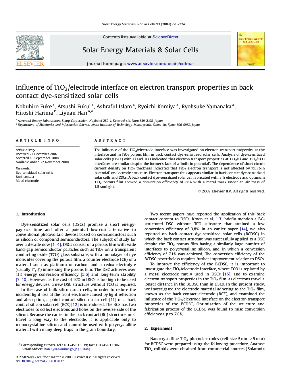 Influence of TiO2/electrode interface on electron transport properties in back contact dye-sensitized solar cells