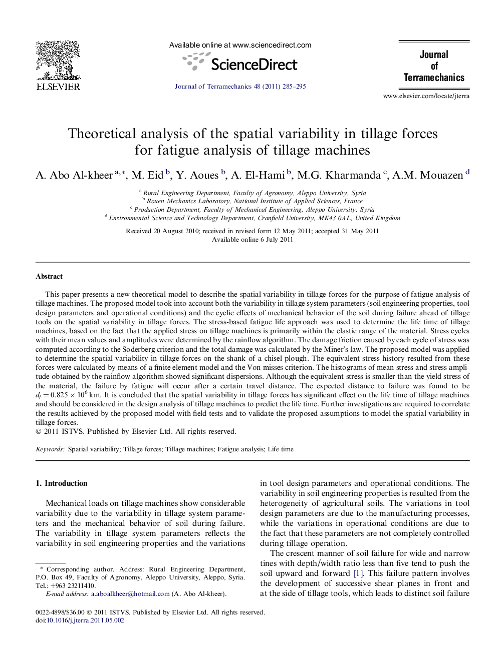 Theoretical analysis of the spatial variability in tillage forces for fatigue analysis of tillage machines