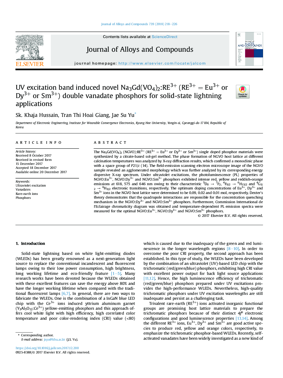 عکس صفحه اول مقاله: UV excitation band induced novel Na3Gd(VO4)2:RE3+ (RE3+Â =Â Eu3+ or Dy3+ or Sm3+) double vanadate phosphors for solid-state lightning applications UV excitation band induced novel Na3Gd(VO4)2:RE3+ (RE3+Â =Â Eu3+ or Dy3+ or Sm3+) double vanadate phosphors for solid-state lightning applications