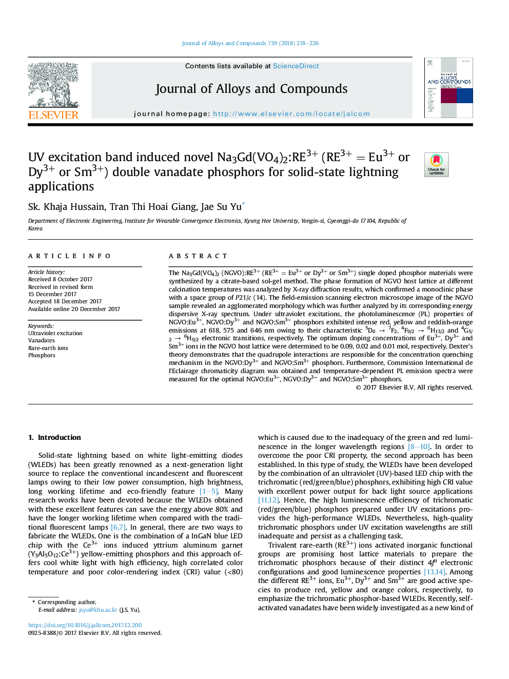 UV excitation band induced novel Na3Gd(VO4)2:RE3+ (RE3+Â =Â Eu3+ or Dy3+ or Sm3+) double vanadate phosphors for solid-state lightning applications