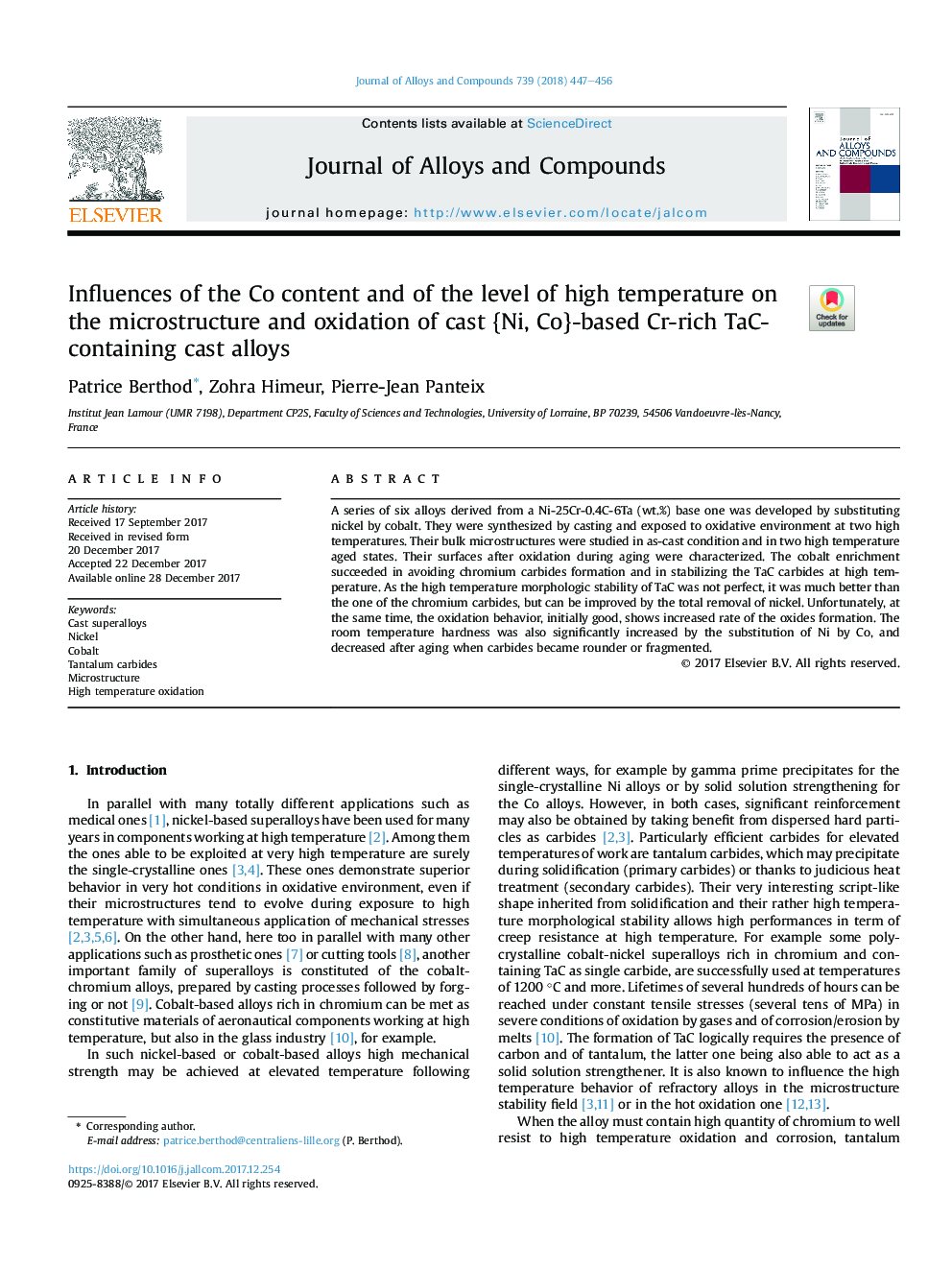 Influences of the Co content and of the level of high temperature on the microstructure and oxidation of cast {Ni, Co}-based Cr-rich TaC-containing cast alloys