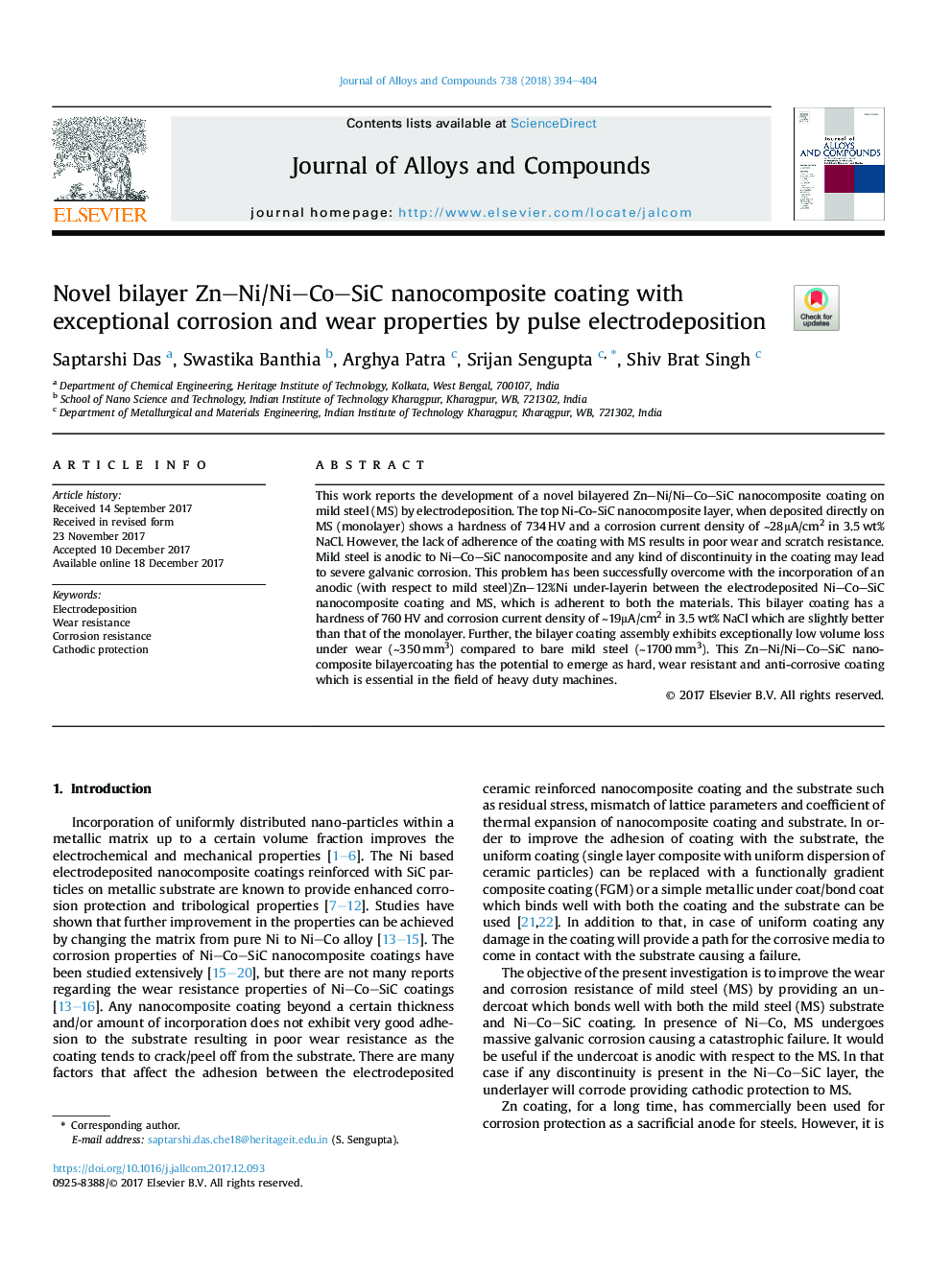 Novel bilayer ZnNi/NiCoSiC nanocomposite coating with exceptional corrosion and wear properties by pulse electrodeposition