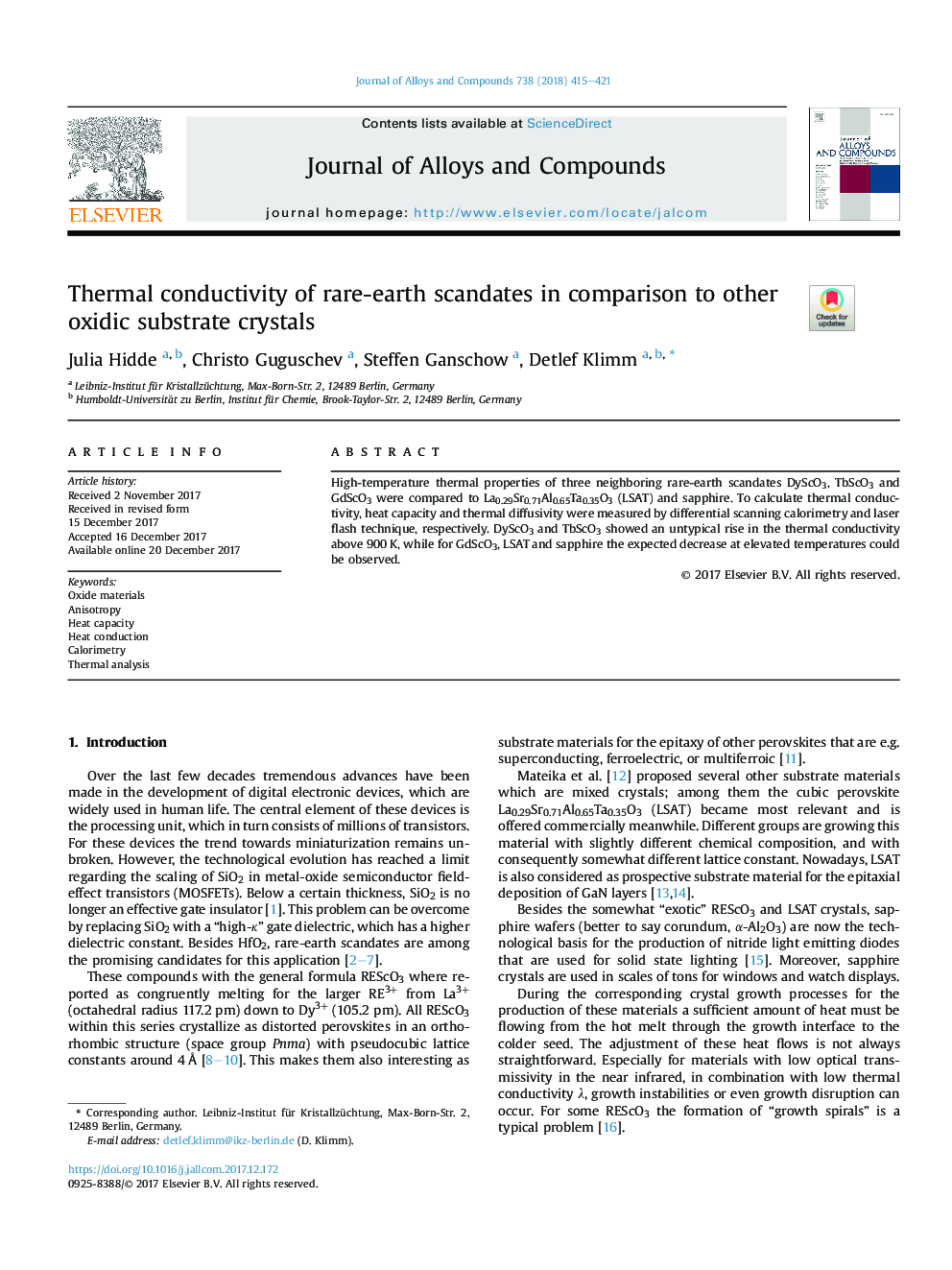 Thermal conductivity of rare-earth scandates in comparison to other oxidic substrate crystals