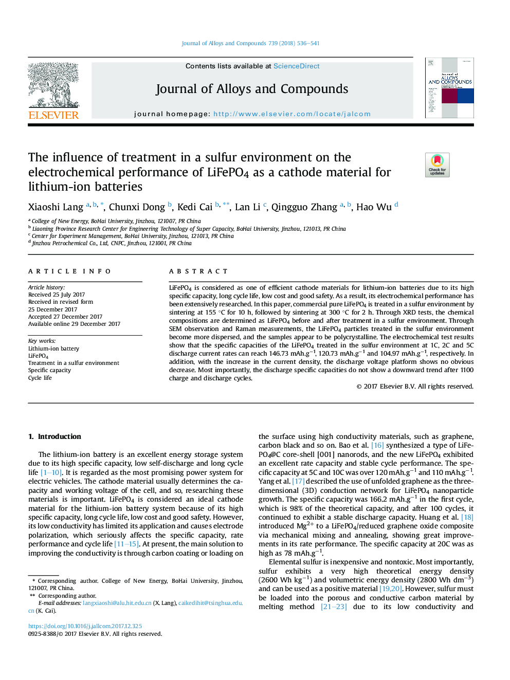 The influence of treatment in a sulfur environment on the electrochemical performance of LiFePO4 as a cathode material for lithium-ion batteries