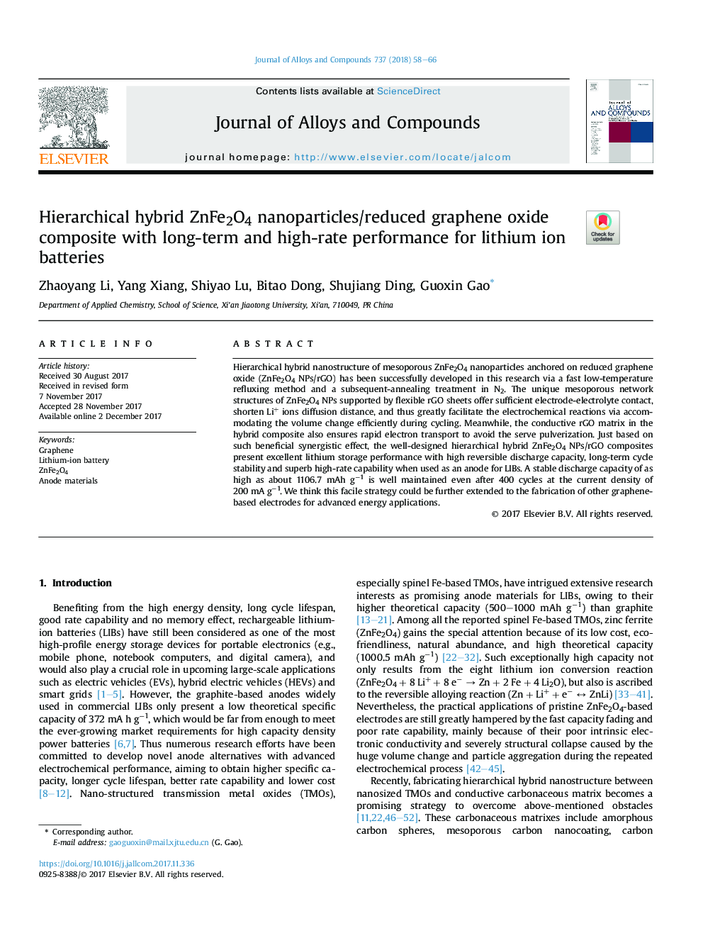 Hierarchical hybrid ZnFe2O4 nanoparticles/reduced graphene oxide composite with long-term and high-rate performance for lithium ion batteries