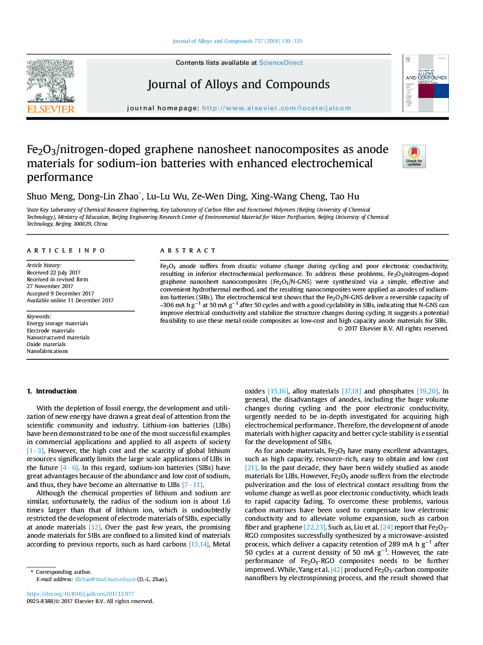 Fe2O3/nitrogen-doped graphene nanosheet nanocomposites as anode materials for sodium-ion batteries with enhanced electrochemical performance