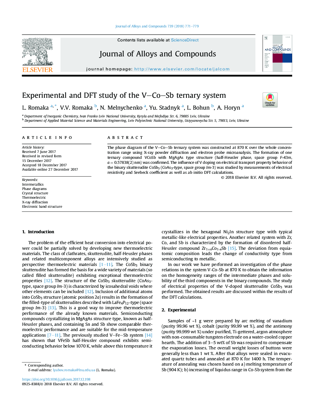 Experimental and DFT study of the V-Co-Sb ternary system