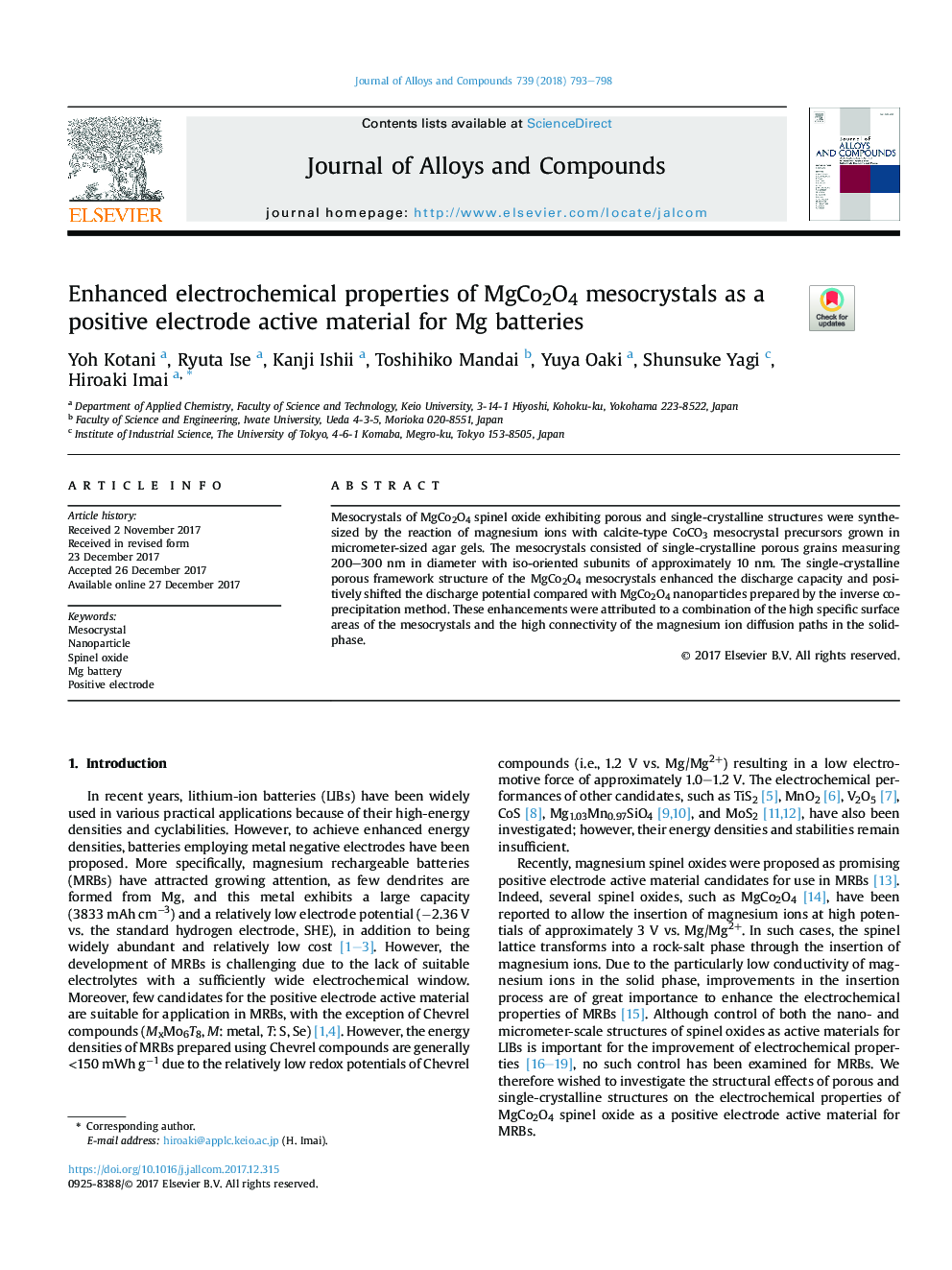 Enhanced electrochemical properties of MgCo2O4 mesocrystals as a positive electrode active material for Mg batteries