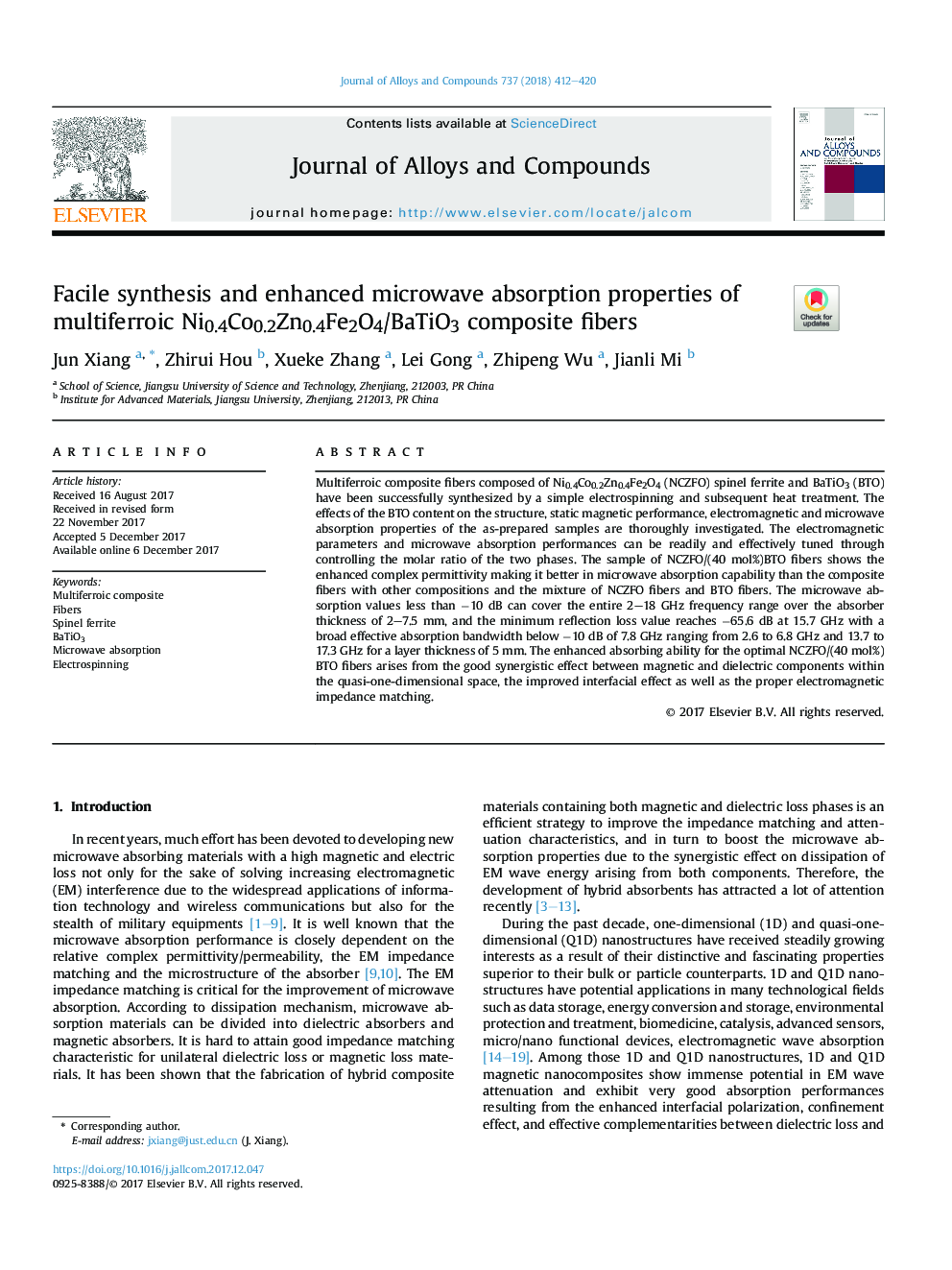 Facile synthesis and enhanced microwave absorption properties of multiferroic Ni0.4Co0.2Zn0.4Fe2O4/BaTiO3 composite fibers