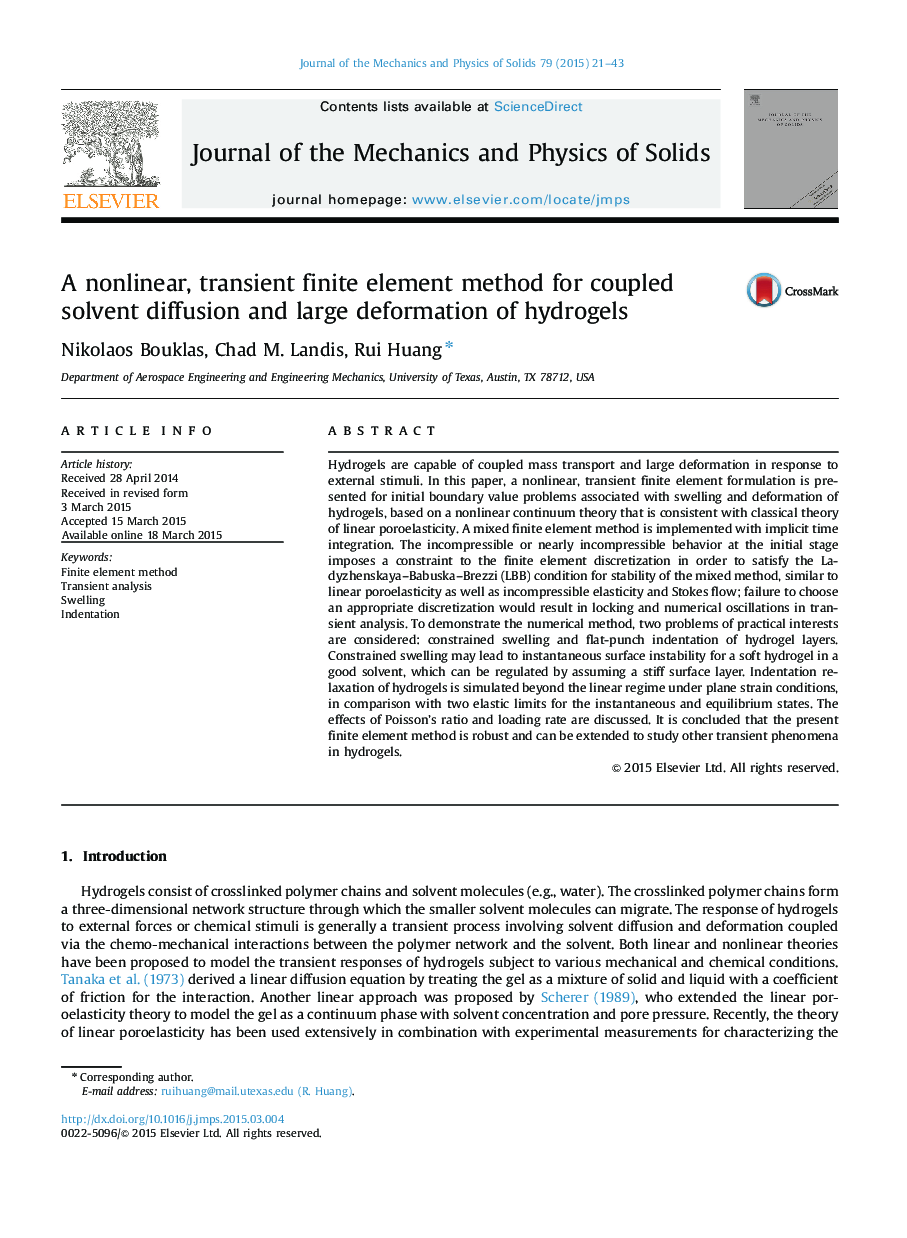 A nonlinear, transient finite element method for coupled solvent diffusion and large deformation of hydrogels