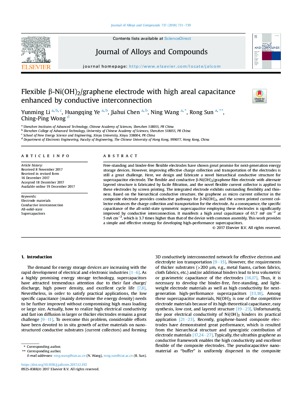 Flexible Î²-Ni(OH)2/graphene electrode with high areal capacitance enhanced by conductive interconnection