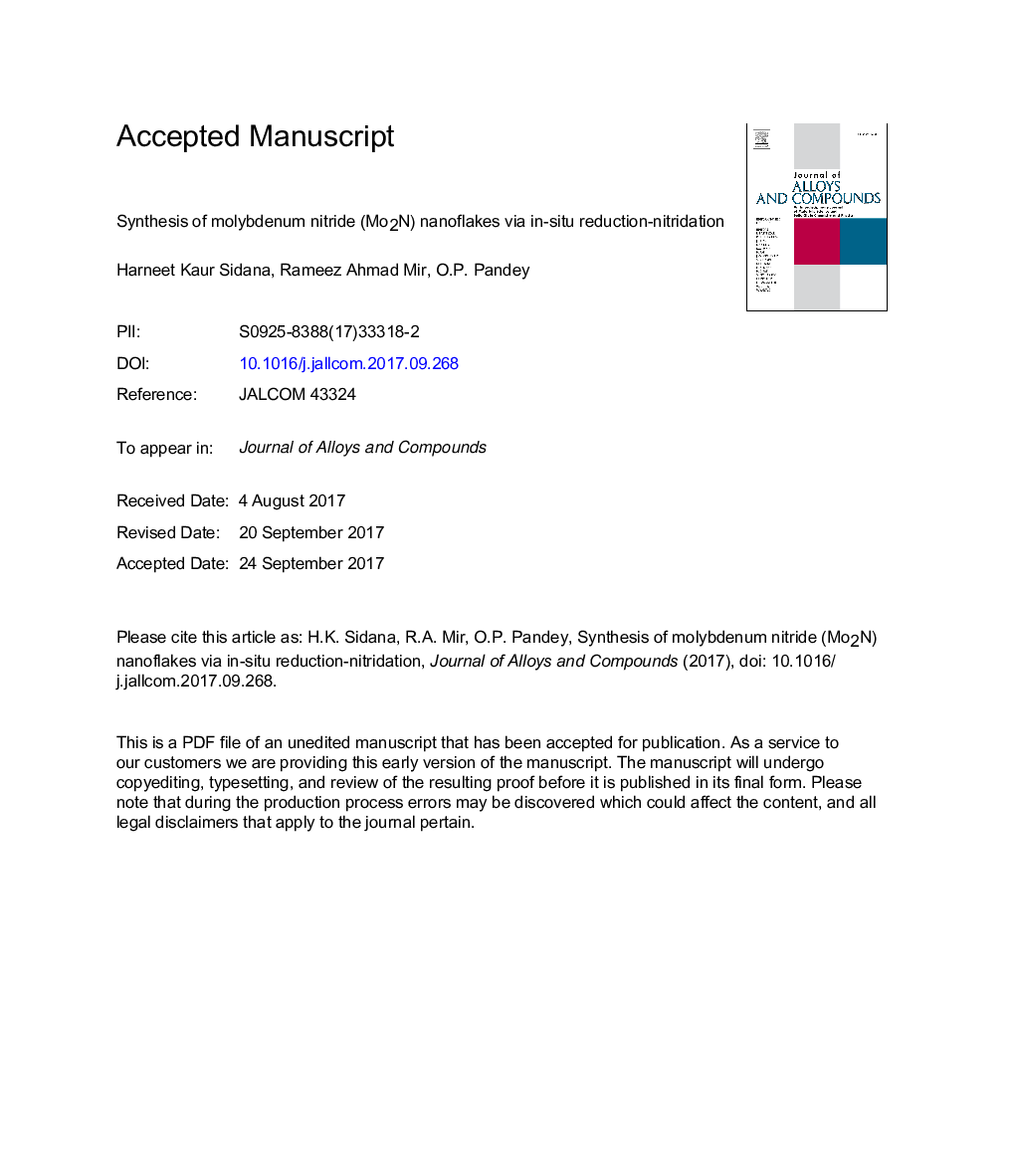Synthesis of molybdenum nitride (Mo2N) nanoflakes via in-situ reduction-nitridation