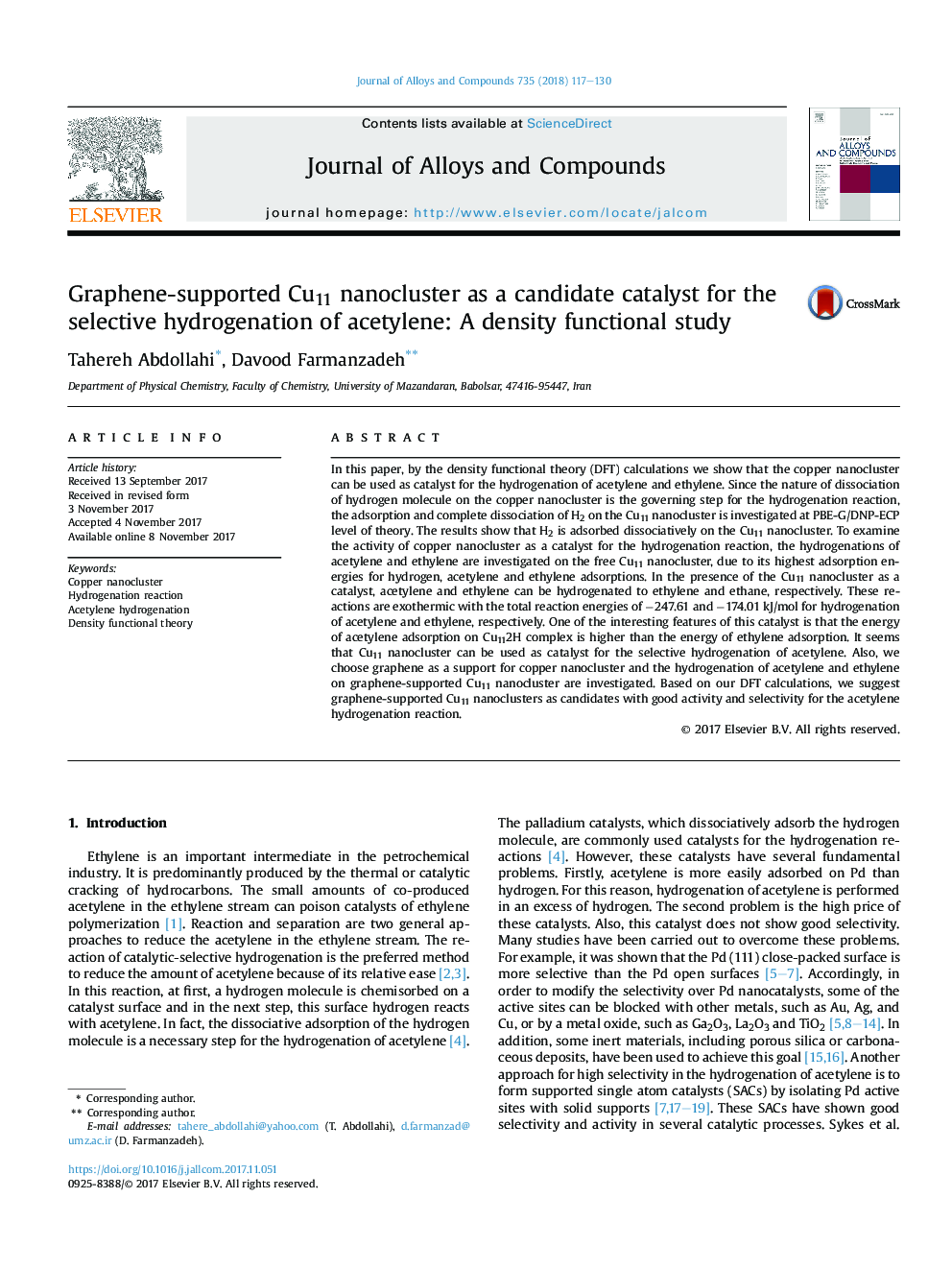 Graphene-supported Cu11 nanocluster as a candidate catalyst for the selective hydrogenation of acetylene: A density functional study