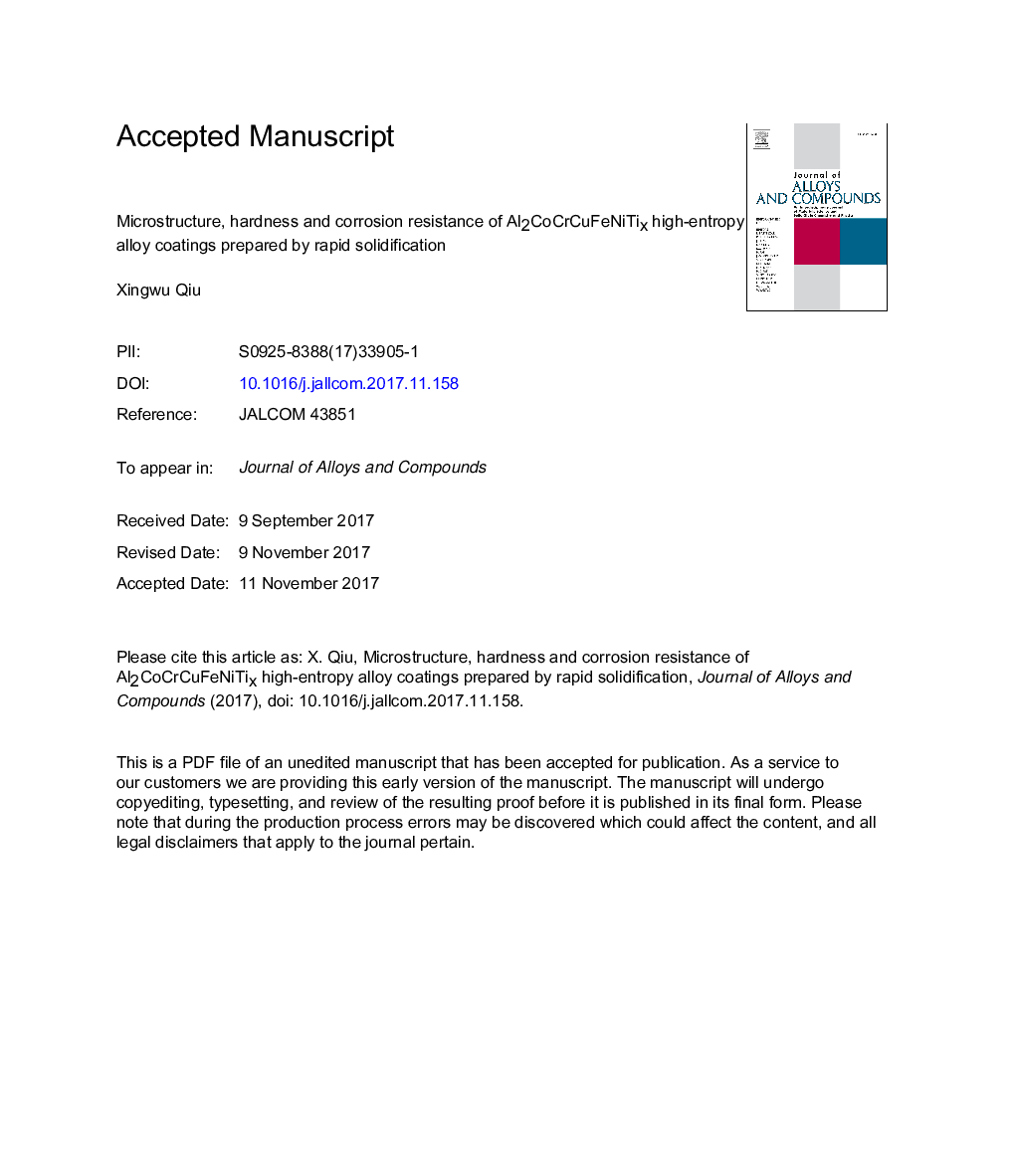 عکس صفحه اول مقاله: Microstructure, hardness and corrosion resistance of Al2CoCrCuFeNiTix high-entropy alloy coatings prepared by rapid solidification Microstructure, hardness and corrosion resistance of Al2CoCrCuFeNiTix high-entropy alloy coatings prepared by rapid solidification