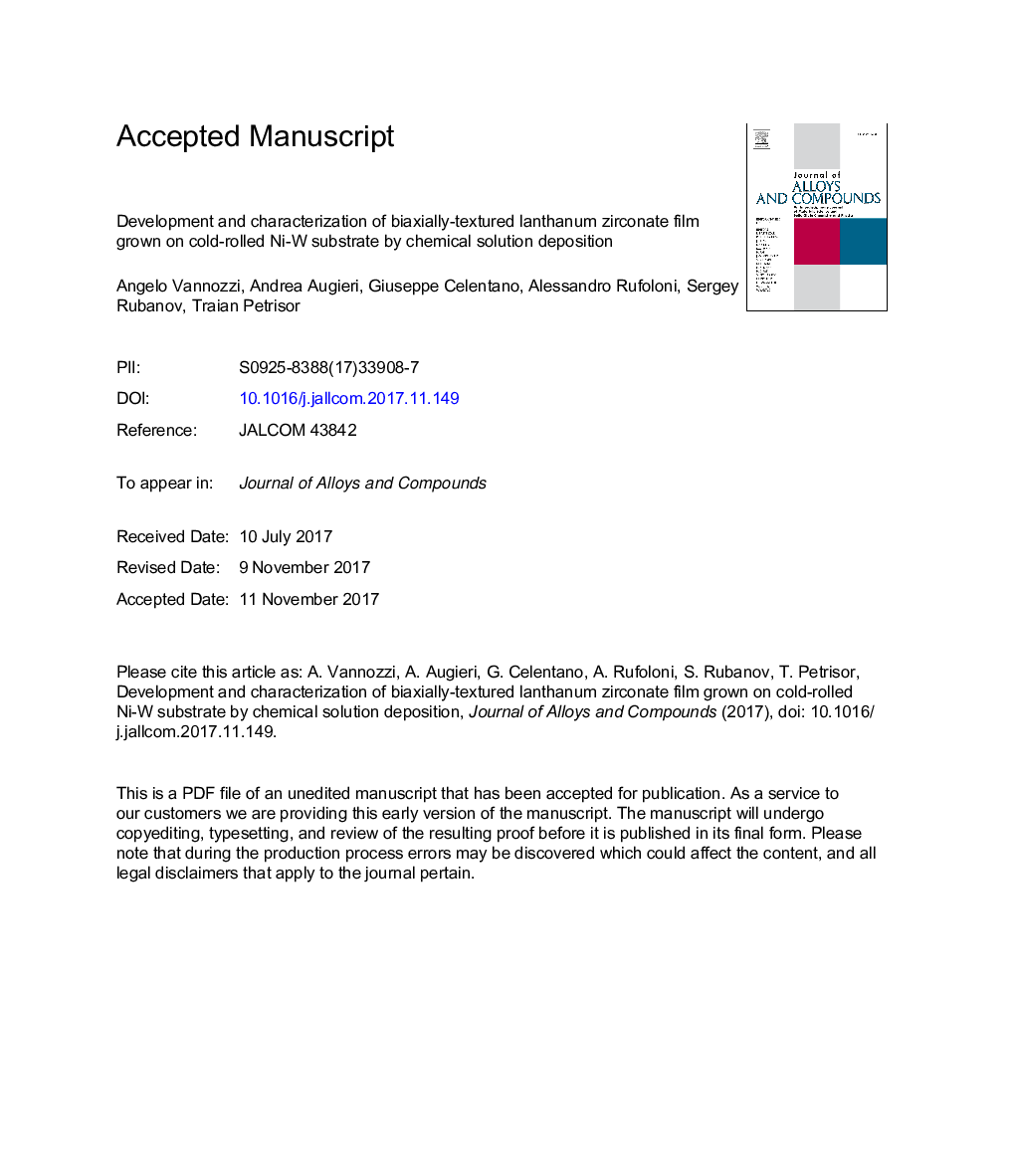 Development and characterization of biaxially-textured lanthanum zirconate film grown on cold-rolled Ni-W substrate by chemical solution deposition