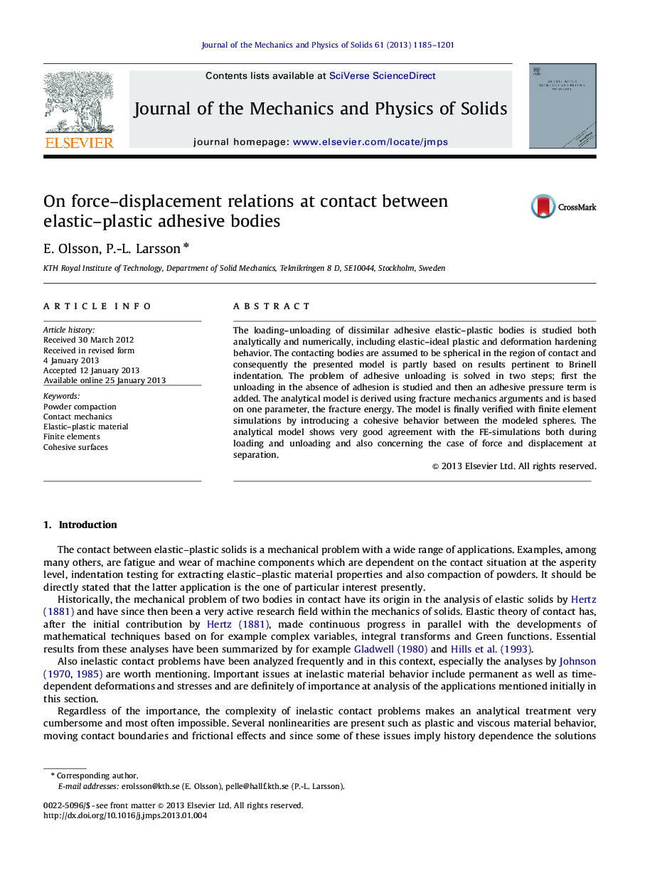 On force–displacement relations at contact between elastic–plastic adhesive bodies