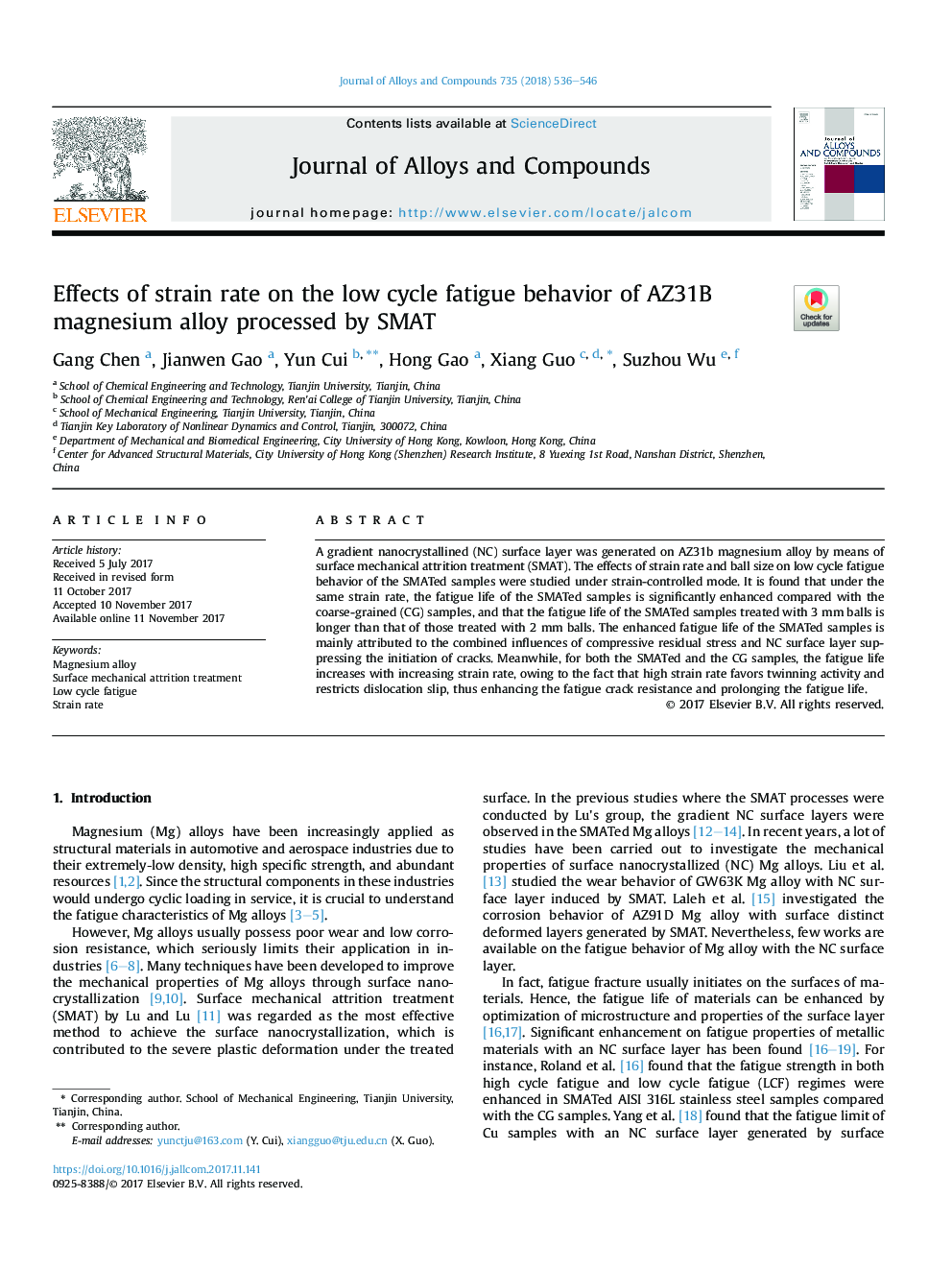 Effects of strain rate on the low cycle fatigue behavior of AZ31B magnesium alloy processed by SMAT