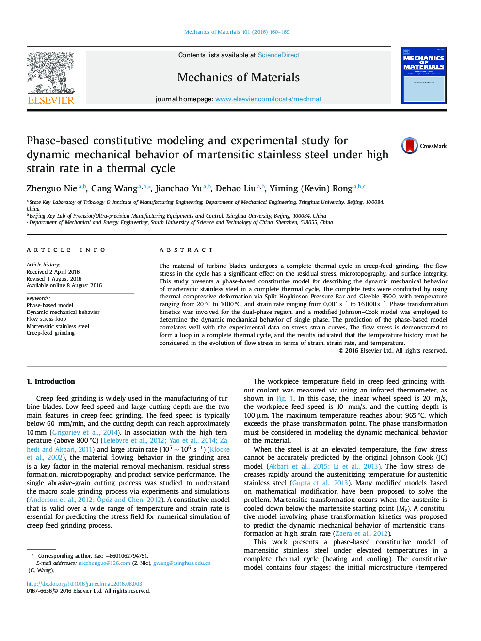 Phase-based constitutive modeling and experimental study for dynamic mechanical behavior of martensitic stainless steel under high strain rate in a thermal cycle