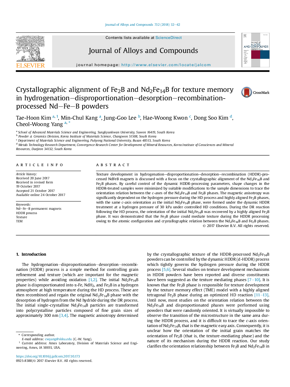 Crystallographic alignment of Fe2B and Nd2Fe14B for texture memory in hydrogenation-disproportionation-desorption-recombination-processed Nd-Fe-B powders