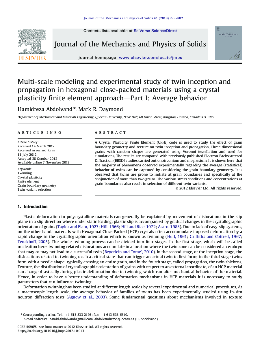 Multi-scale modeling and experimental study of twin inception and propagation in hexagonal close-packed materials using a crystal plasticity finite element approach—Part I: Average behavior