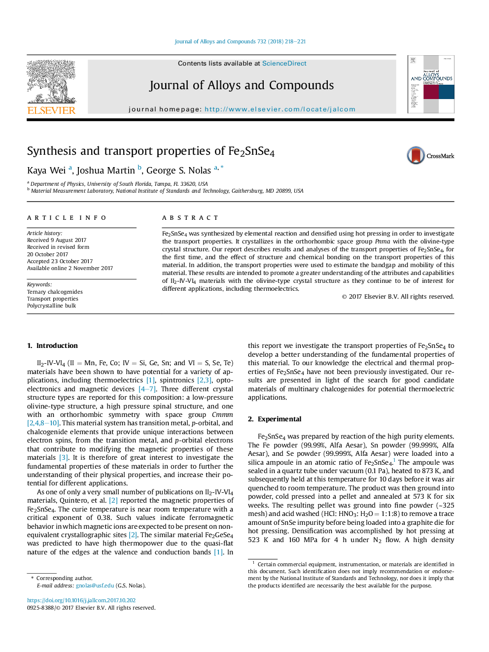 Synthesis and transport properties of Fe2SnSe4