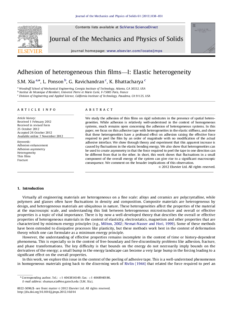 Adhesion of heterogeneous thin films—I: Elastic heterogeneity