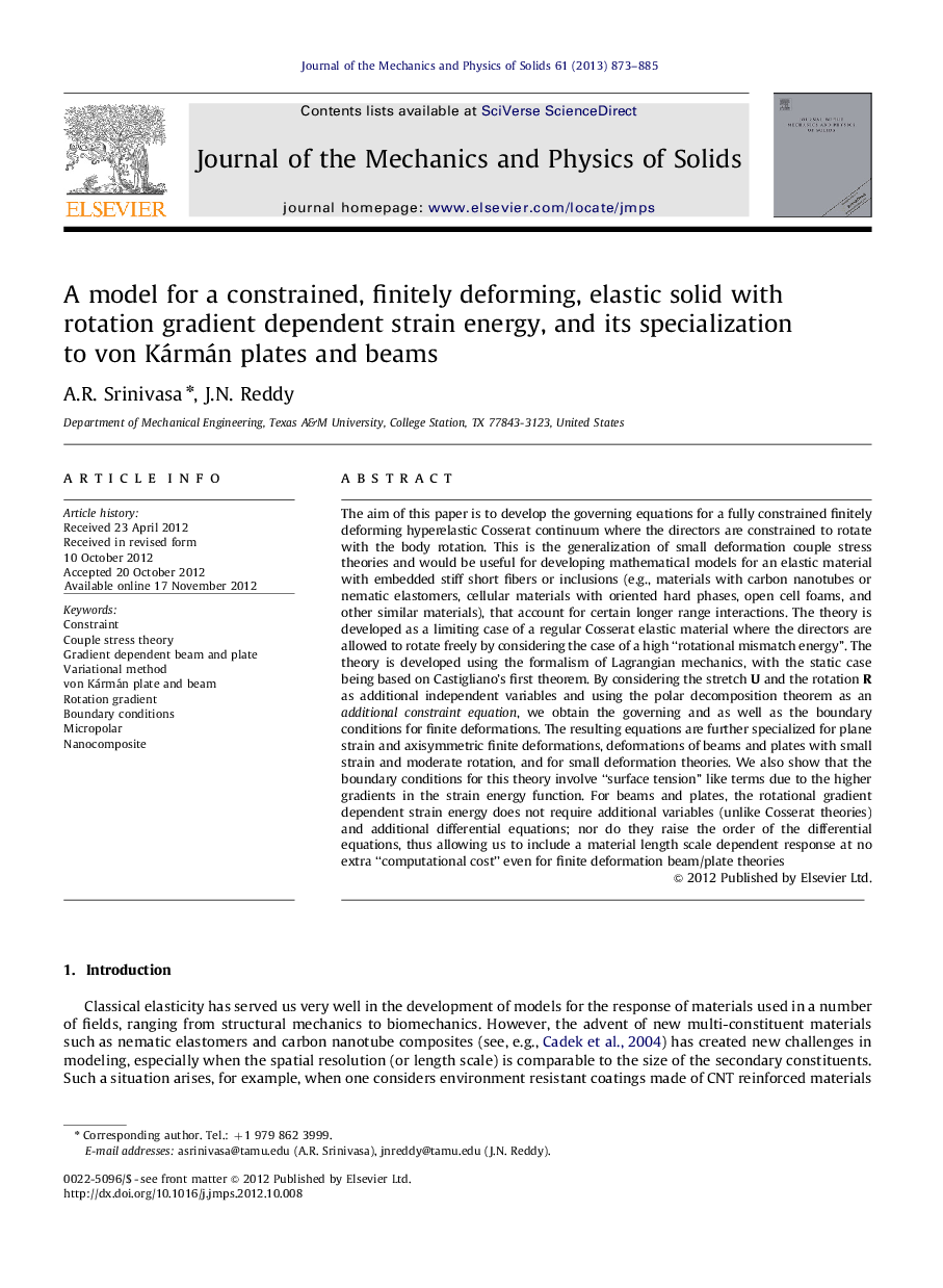 A model for a constrained, finitely deforming, elastic solid with rotation gradient dependent strain energy, and its specialization to von Kármán plates and beams