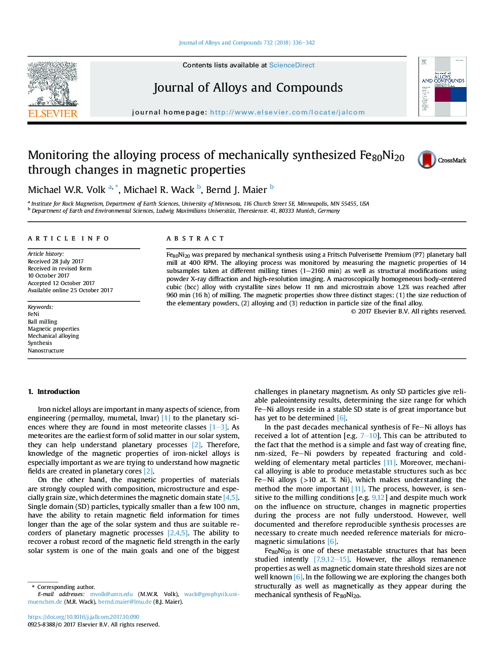 Monitoring the alloying process of mechanically synthesized Fe80Ni20 through changes in magnetic properties