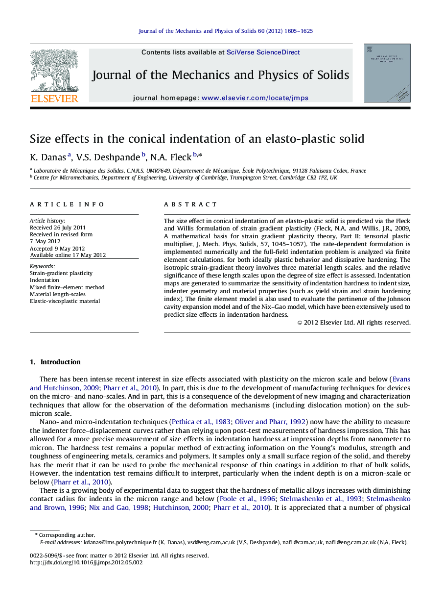 Size effects in the conical indentation of an elasto-plastic solid