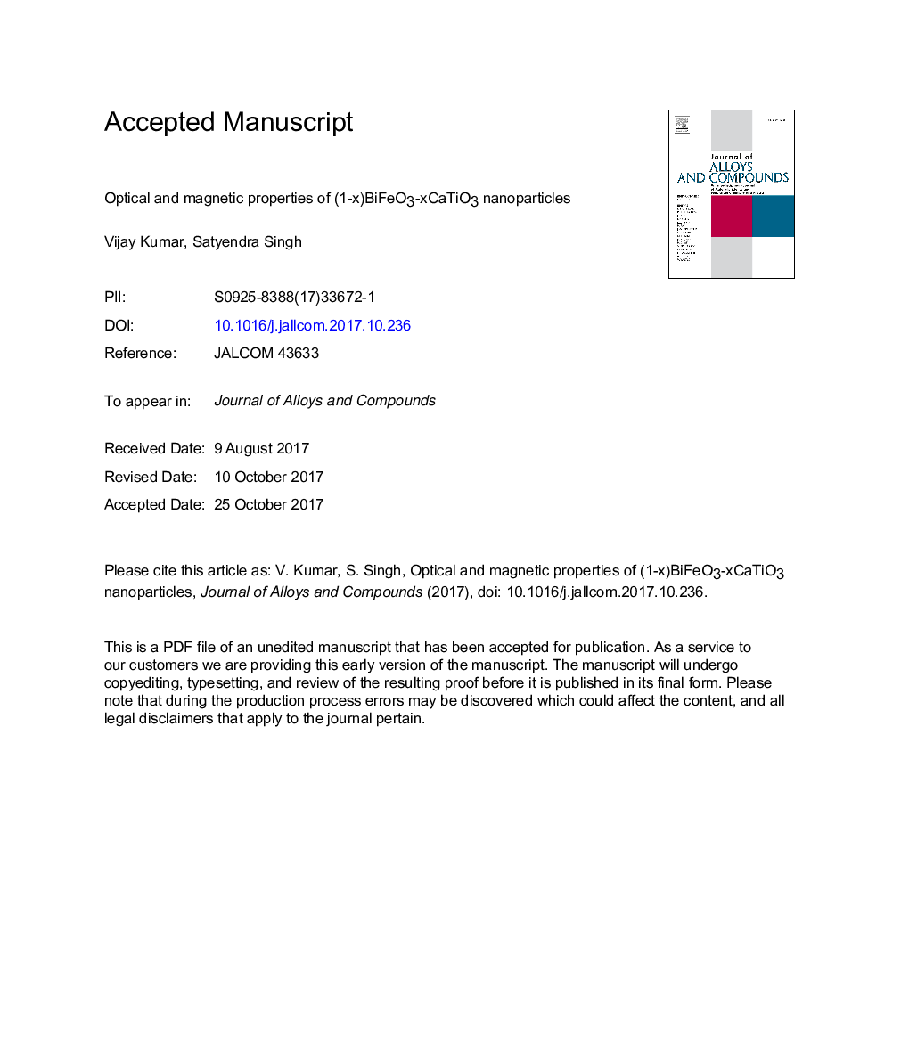 Optical and magnetic properties of (1-x)BiFeO3-xCaTiO3 nanoparticles