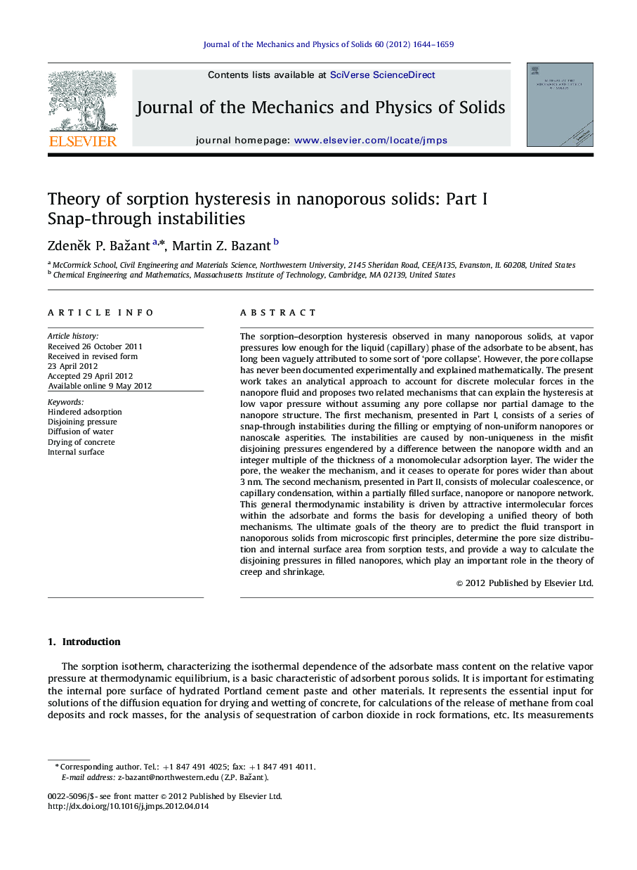 Theory of sorption hysteresis in nanoporous solids: Part I: Snap-through instabilities