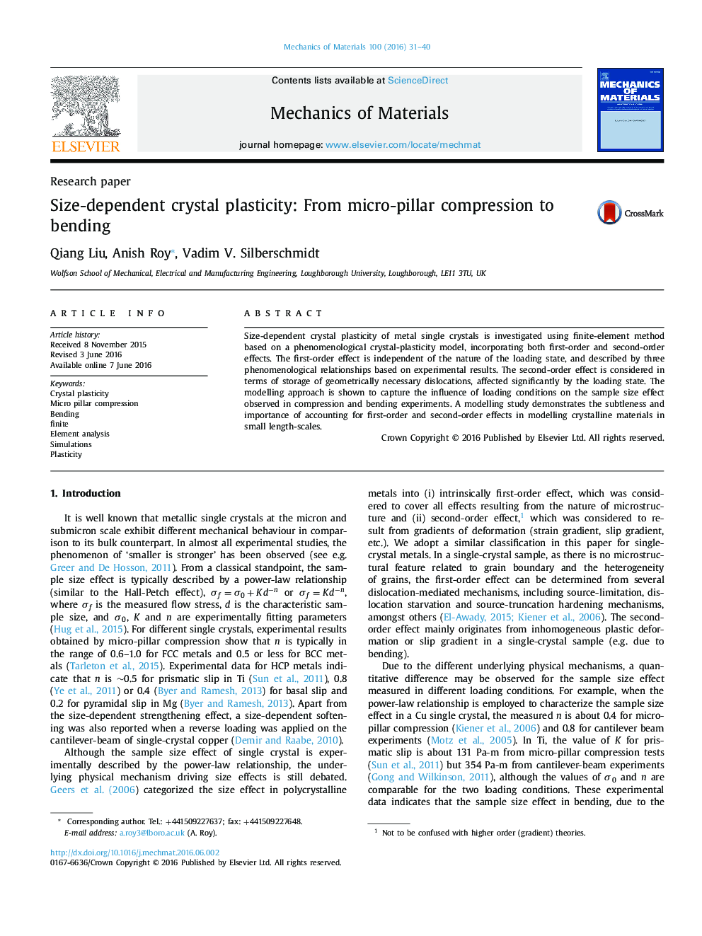 Size-dependent crystal plasticity: From micro-pillar compression to bending