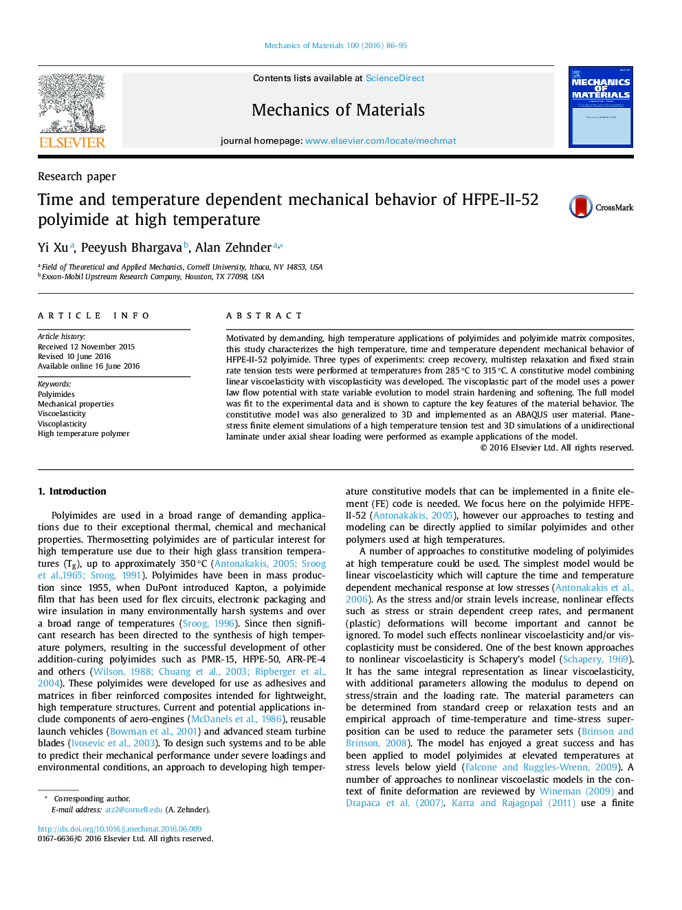 Time and temperature dependent mechanical behavior of HFPE-II-52 polyimide at high temperature