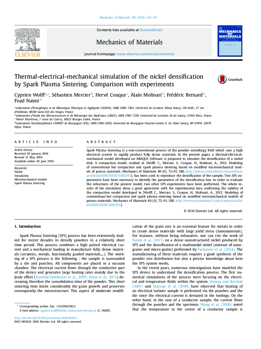 Thermal-electrical-mechanical simulation of the nickel densification by Spark Plasma Sintering. Comparison with experiments