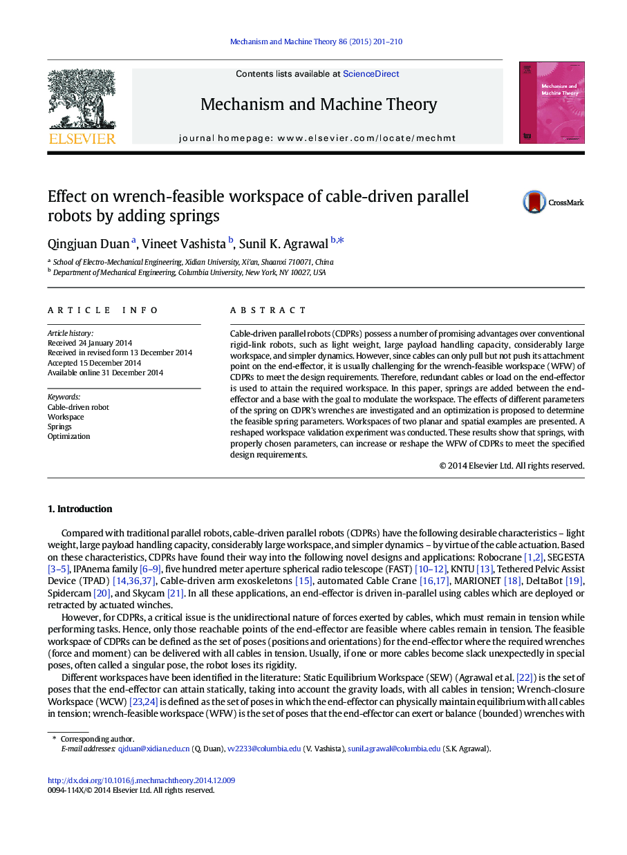 Effect on wrench-feasible workspace of cable-driven parallel robots by adding springs