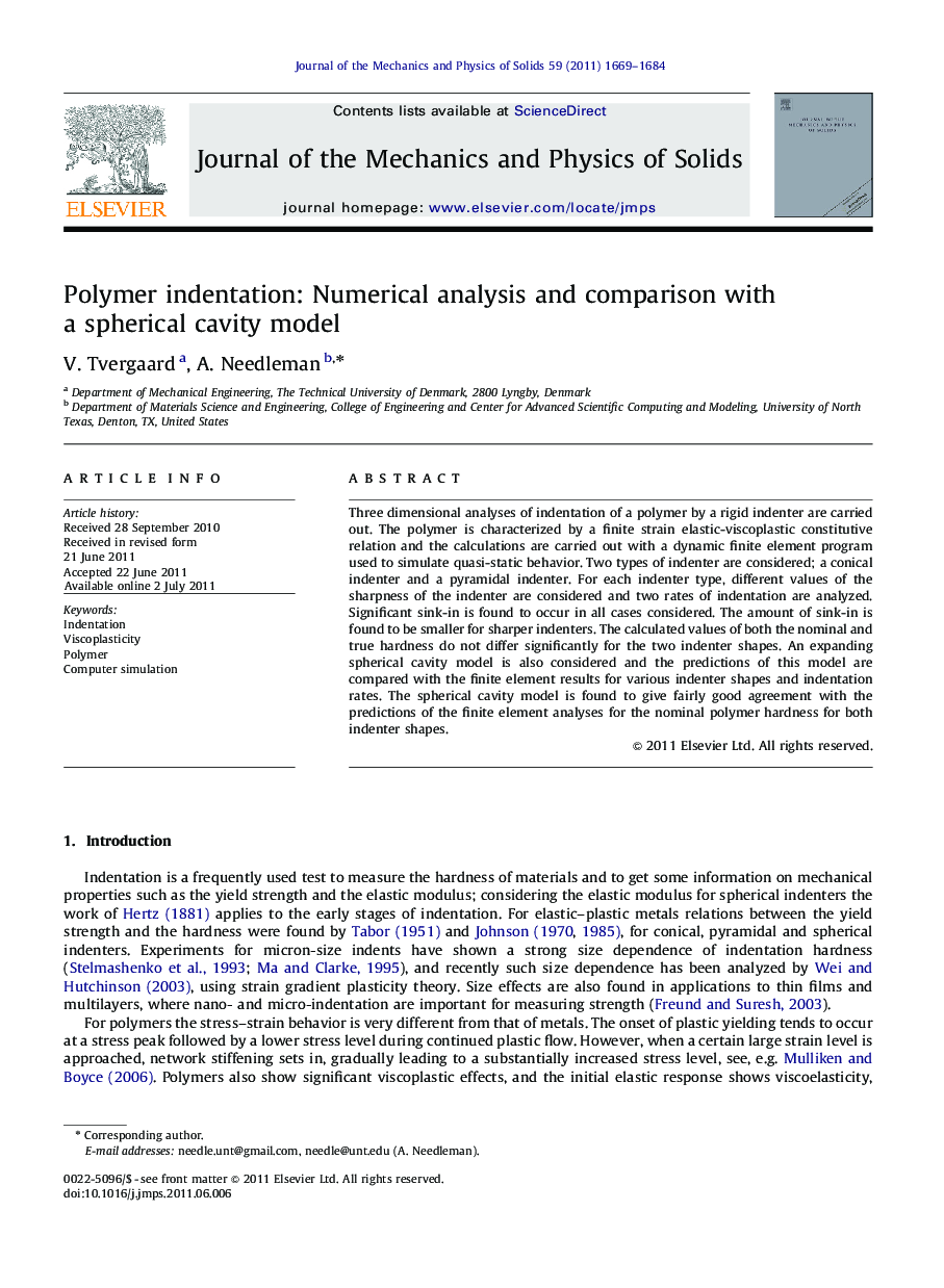عکس صفحه اول مقاله: Polymer indentation: Numerical analysis and comparison with a spherical cavity model Polymer indentation: Numerical analysis and comparison with a spherical cavity model