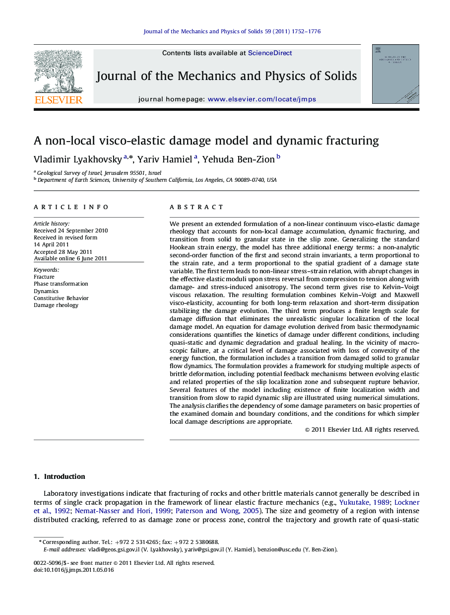 A non-local visco-elastic damage model and dynamic fracturing