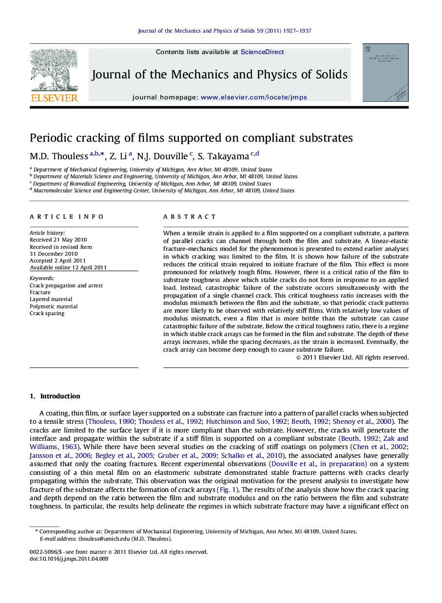 Periodic cracking of films supported on compliant substrates