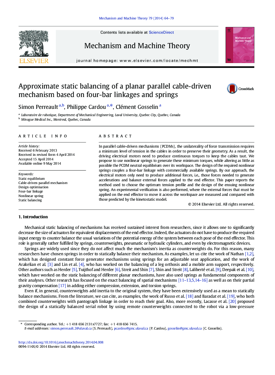 Approximate static balancing of a planar parallel cable-driven mechanism based on four-bar linkages and springs