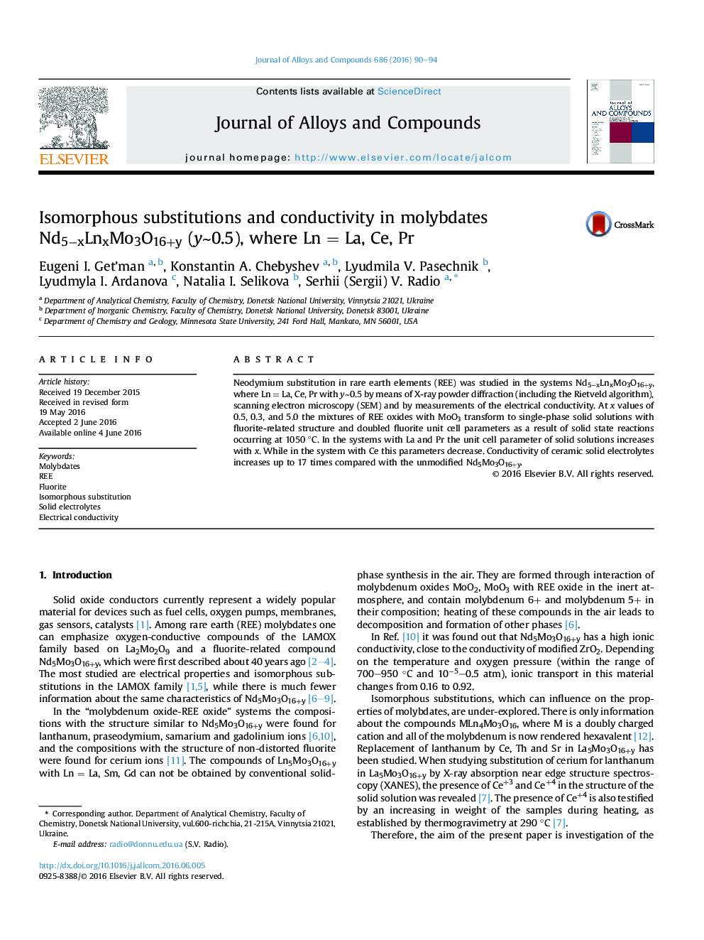 Isomorphous substitutions and conductivity in molybdates Nd5âxLnxMo3O16+y (yâ¼0.5), where LnÂ =Â La, Ce, Pr