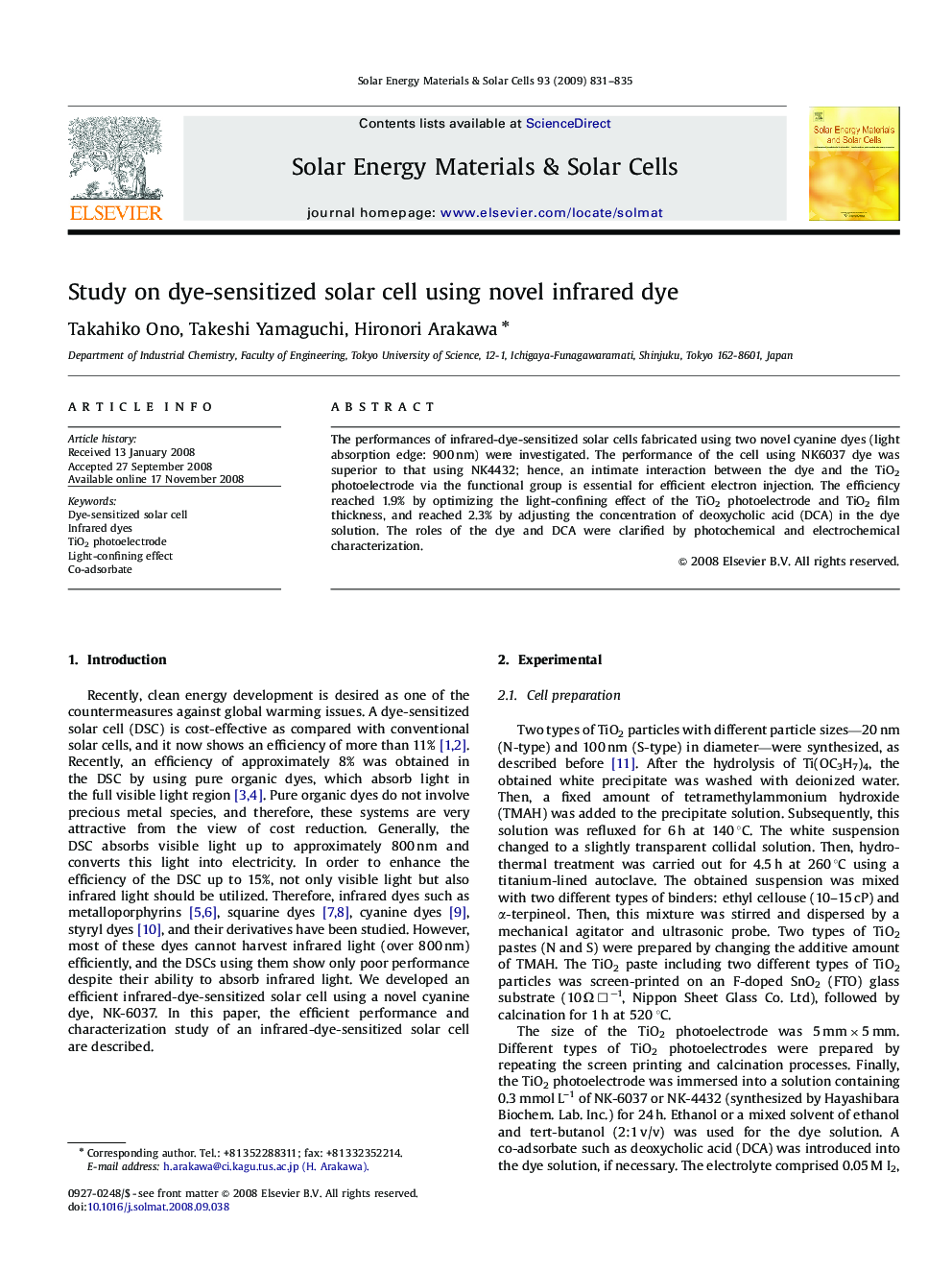 Study on dye-sensitized solar cell using novel infrared dye