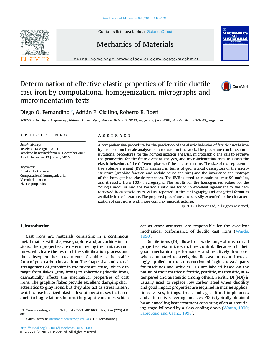 Determination of effective elastic properties of ferritic ductile cast iron by computational homogenization, micrographs and microindentation tests