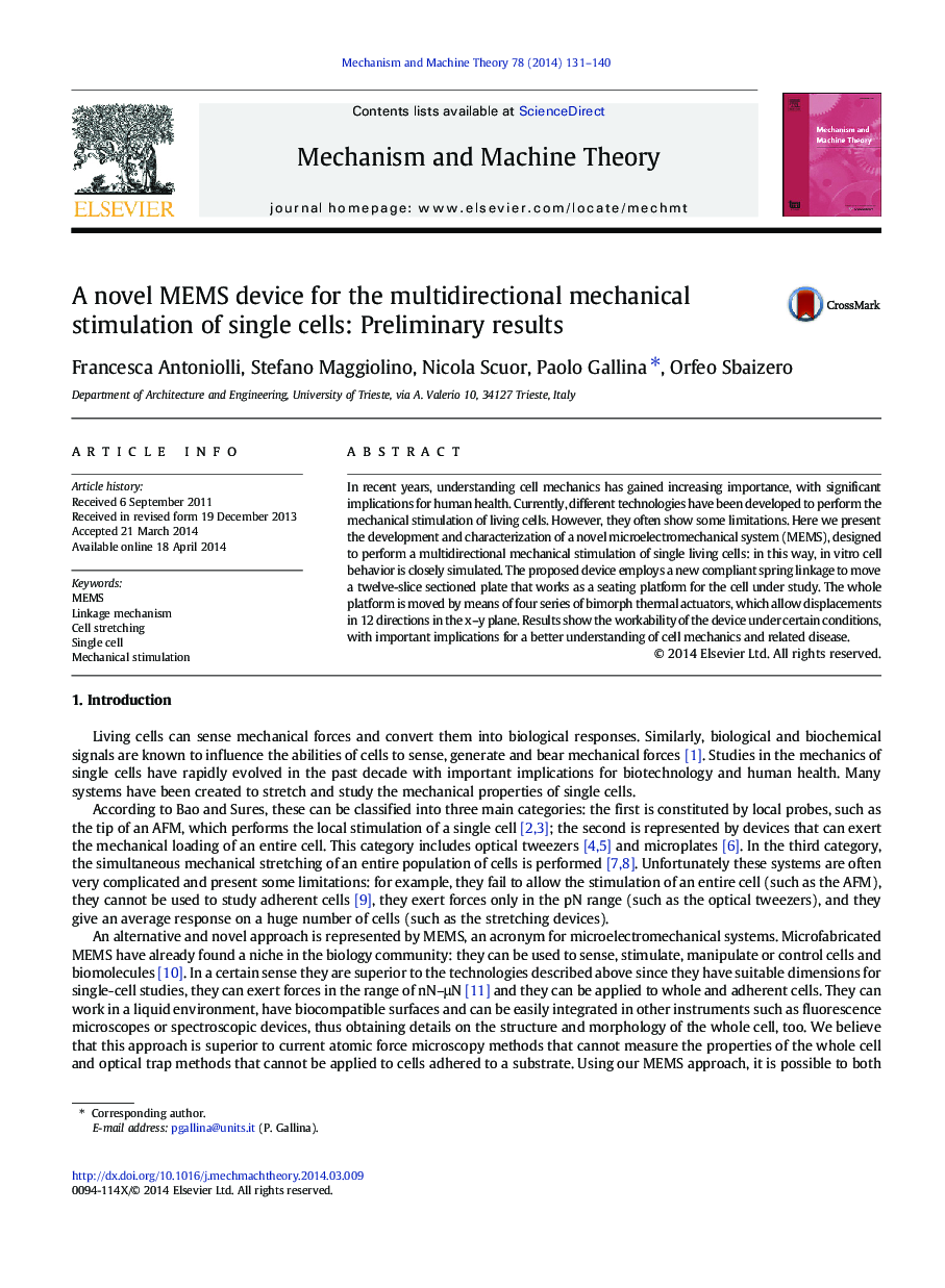 A novel MEMS device for the multidirectional mechanical stimulation of single cells: Preliminary results